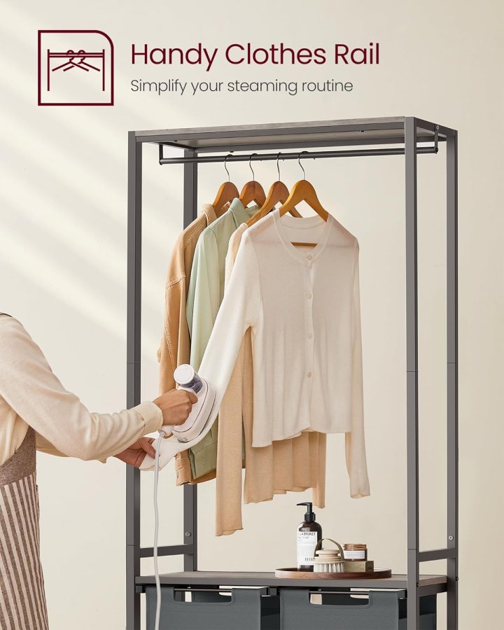 VASAGLE Wäschekorb, m. 2 Ablagen, herausnehmbaren Einsätzen, Kleiderstange – graue Spanplatte und grauer Stahl