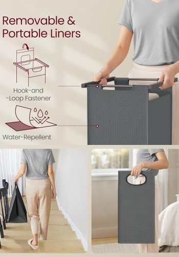 VASAGLE Wäschekorb, m. 2 Ablagen, herausnehmbaren Einsätzen, Kleiderstange – graue Spanplatte und grauer Stahl