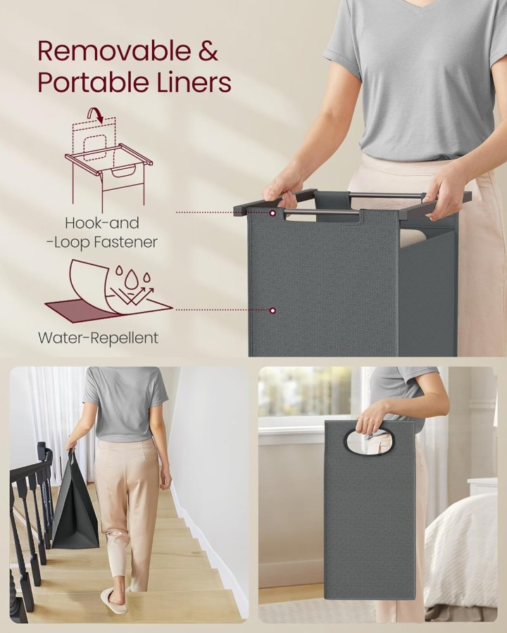 VASAGLE Wäschekorb, m. 2 Ablagen, herausnehmbaren Einsätzen, Kleiderstange – graue Spanplatte und grauer Stahl