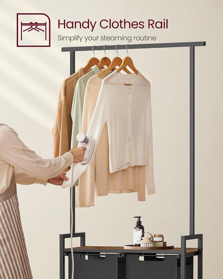 VASAGLE skittent�yskurv, m. 1 hylle, 2 uttrekkbare uttrekkbare kurver, opphengsstang - brun sponplate/svart st�l