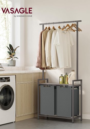 VASAGLE Wäschekorb, m. 1 Ablage, 2 herausnehmbaren Ausziehkörben, Kleiderstange – graue Spanplatte/grauer Stahl