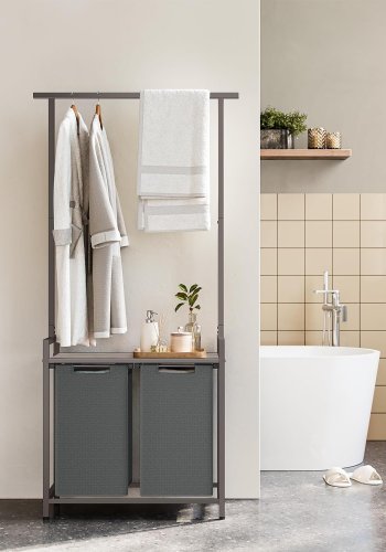 VASAGLE Wäschekorb, m. 1 Ablage, 2 herausnehmbaren Ausziehkörben, Kleiderstange – graue Spanplatte/grauer Stahl