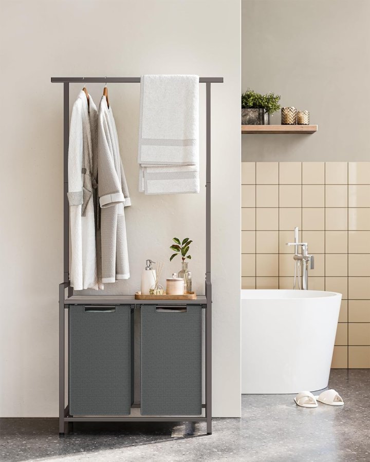 VASAGLE Wäschekorb, m. 1 Ablage, 2 herausnehmbaren Ausziehkörben, Kleiderstange – graue Spanplatte/grauer Stahl