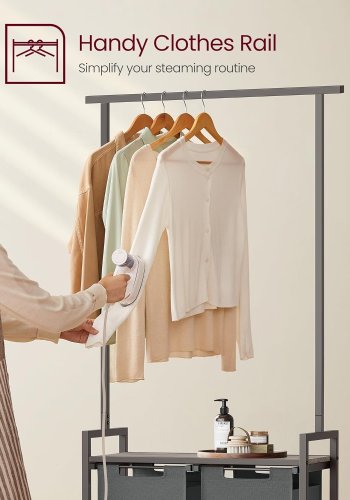 VASAGLE Wäschekorb, m. 1 Ablage, 2 herausnehmbaren Ausziehkörben, Kleiderstange – graue Spanplatte/grauer Stahl