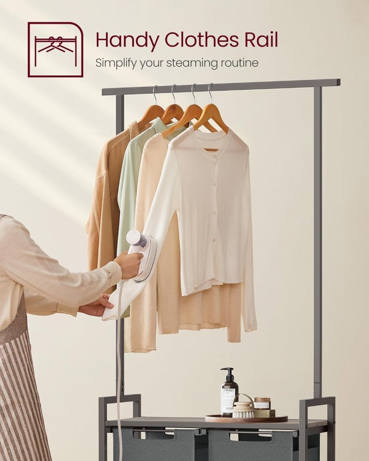 VASAGLE Wäschekorb, m. 1 Ablage, 2 herausnehmbaren Ausziehkörben, Kleiderstange – graue Spanplatte/grauer Stahl