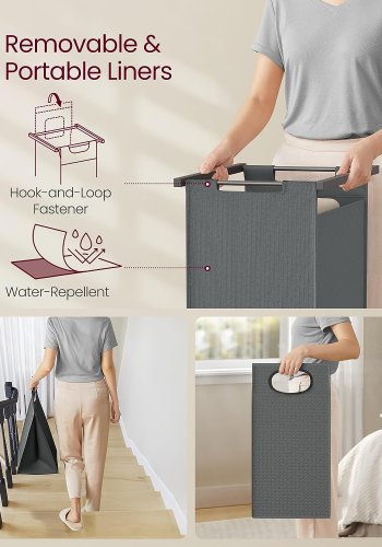 VASAGLE Wäschekorb, m. 1 Ablage, 2 herausnehmbaren Ausziehkörben, Kleiderstange – graue Spanplatte/grauer Stahl