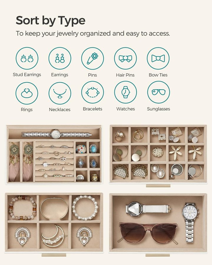 SONGMICS smykkeskrin, 4 lag, med glasslokk, 3 skuffer - skyhvit PU og gull