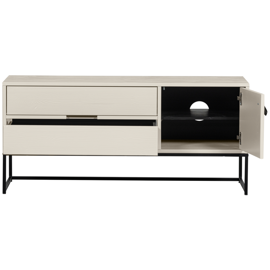 WOOOD Silas TV-bord, m. 1 lge, 1 hylde og 2 skuffer - gr fyrretr og sort metal (120x44)