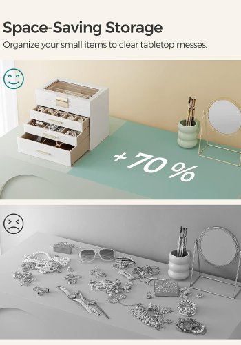 SONGMICS smykkeskrin, 4 lag, med glasslokk, 3 skuffer - skyhvit PU og gull