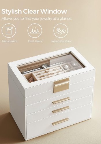 SONGMICS smykkeskrin, 4 lag, med glasslokk, 3 skuffer - skyhvit PU og gull