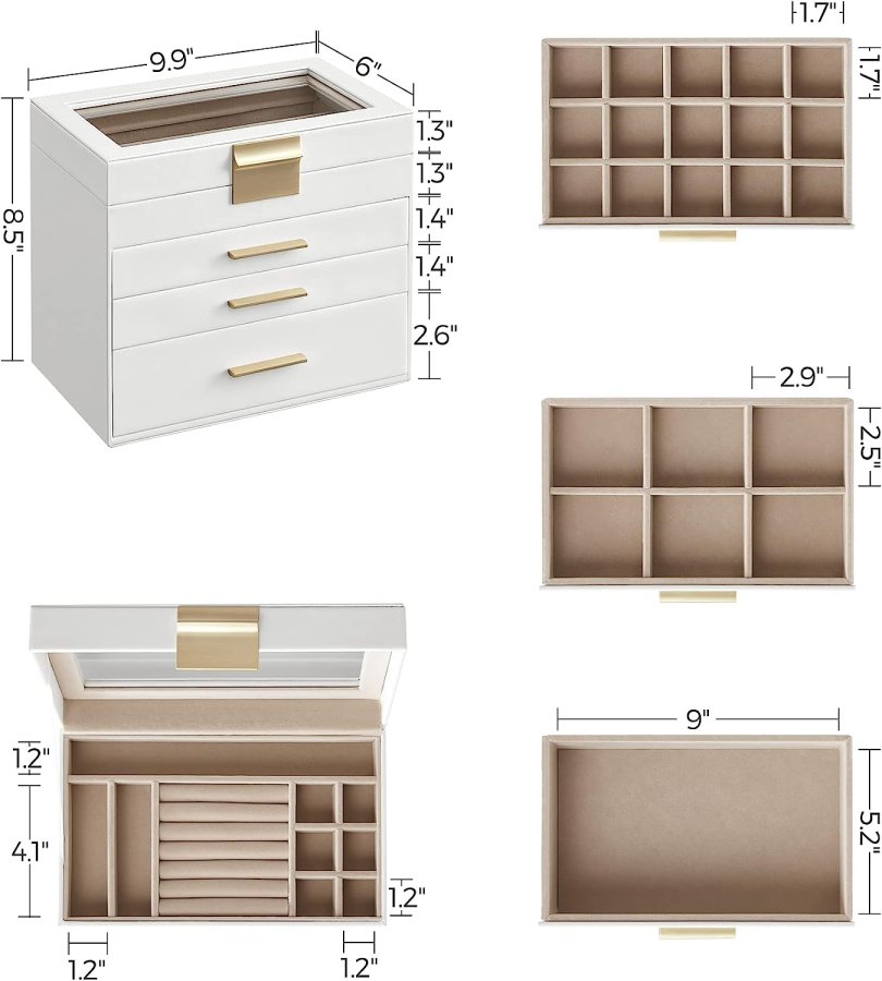 SONGMICS smykkeskrin, 4 lag, med glasslokk, 3 skuffer - skyhvit PU og gull