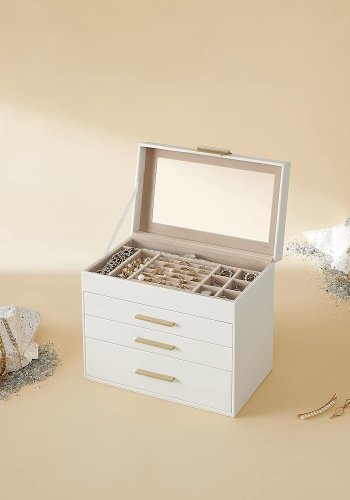 SONGMICS smykkeskrin, 4 lag, med glasslokk, 3 skuffer - skyhvit PU og gull