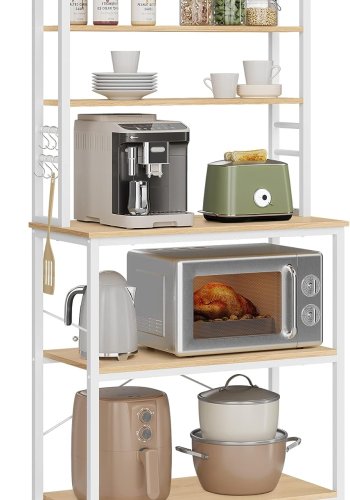 VASAGLE kjkkenhylle, m. 6 hyller, 6 kroker - natursponplater og hvitt stl