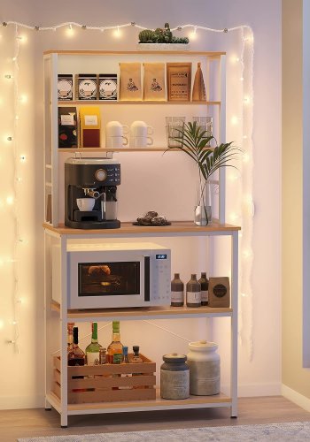 VASAGLE kjkkenhylle, m. 6 hyller, 6 kroker - natursponplater og hvitt stl