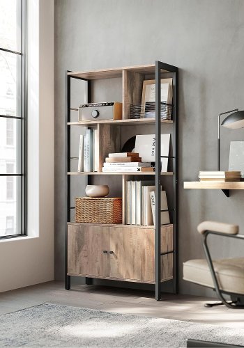 VASAGLE bokhylle, m. 2 drer og 4 hyller - natursponplater og sort stl