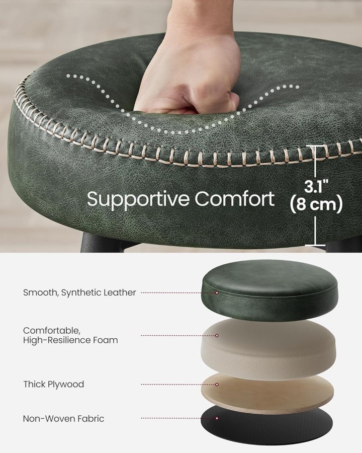 VASAGLE barkrakk, med fotsttte - skoggrnt syntetisk skinn og svart stl (sett med 2)