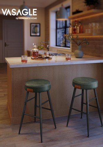 VASAGLE barkrakk, med fotsttte - skoggrnt syntetisk skinn og svart stl (sett med 2)