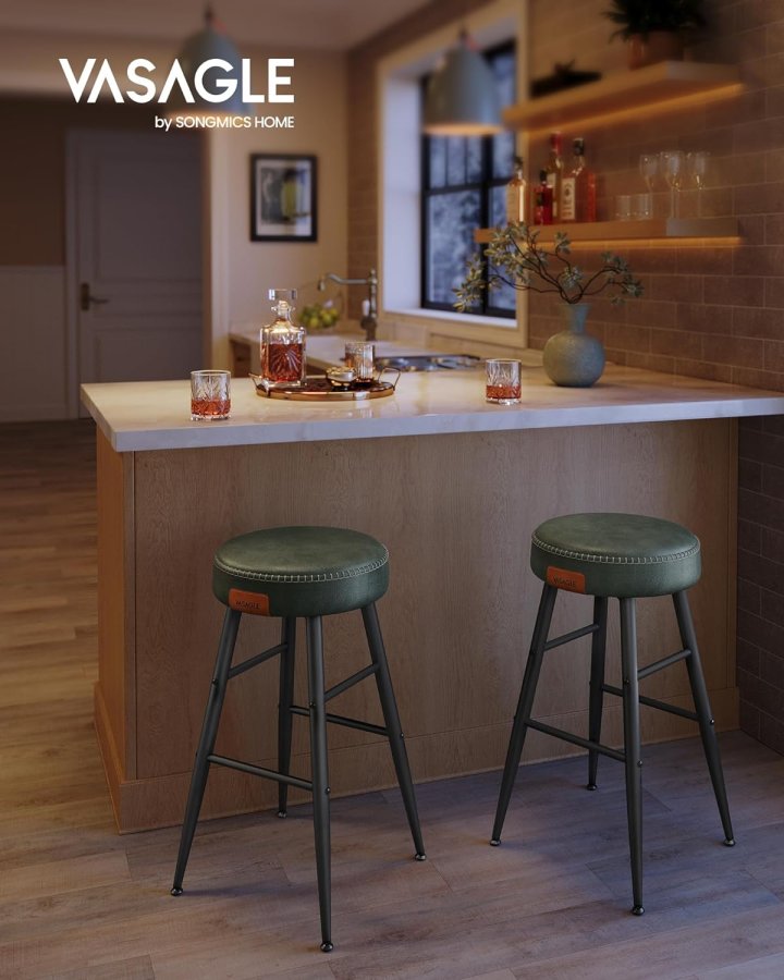 VASAGLE barkrakk, med fotsttte - skoggrnt syntetisk skinn og svart stl (sett med 2)