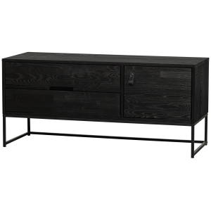 WOOOD Silas TV-bord, m. 1 lge, 1 hylde og 2 skuffer - sort fyrretr og sort metal (120x44)