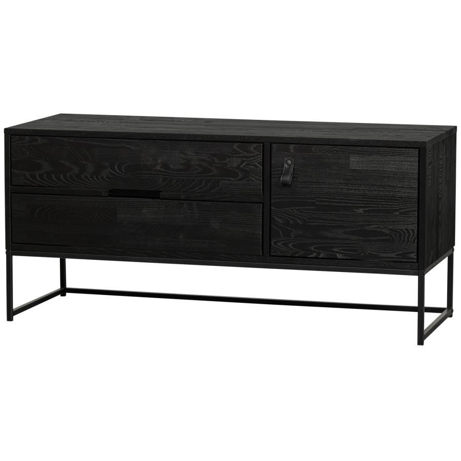 WOOOD Silas TV-bord, m. 1 lge, 1 hylde og 2 skuffer - sort fyrretr og sort metal (120x44)