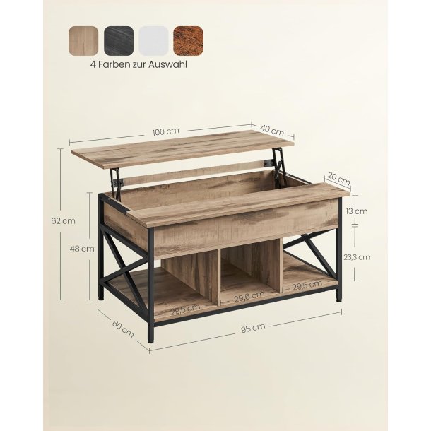 Sofabord, hjdejusterbart, bent og skjult opbevaringsrum