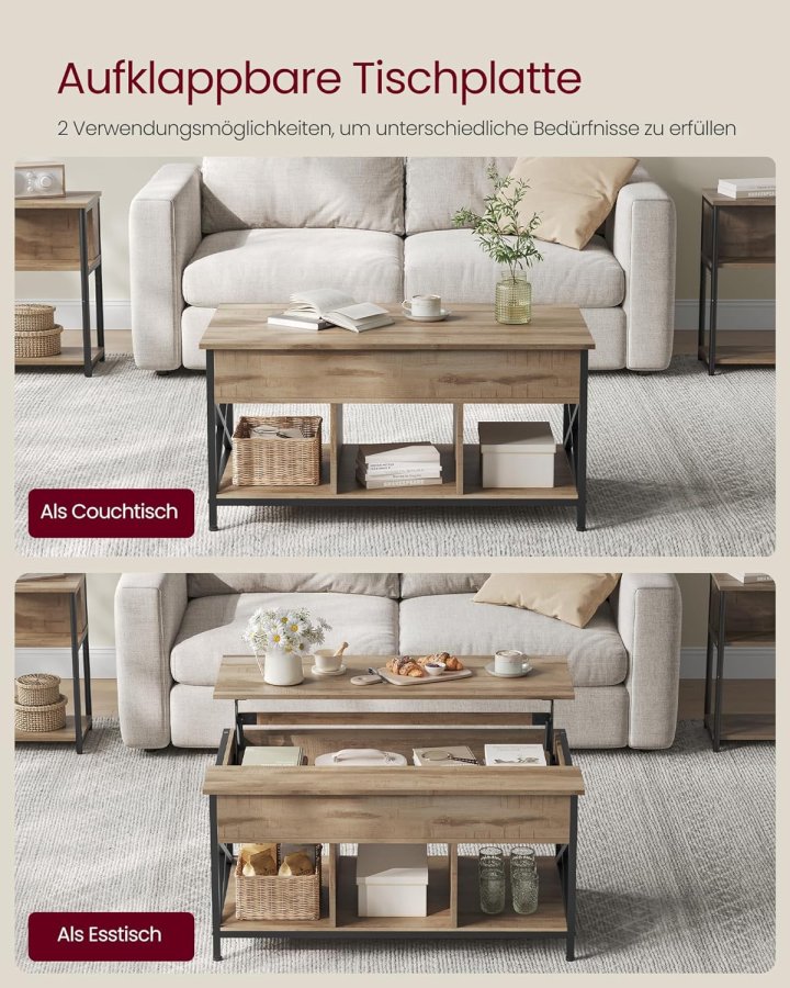 VASAGLE salongbord, hydejusterbart, pent og skjult oppbevaringsplass - kameltre og svart stl (60x100) 