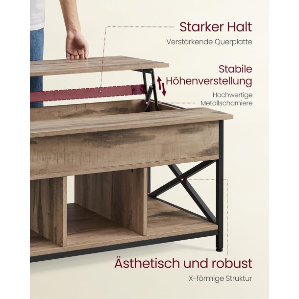 Sofabord, hjdejusterbart, bent og skjult opbevaringsrum