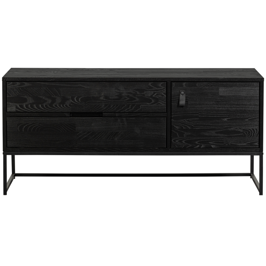 WOOOD Silas TV-bord, m. 1 lge, 1 hylde og 2 skuffer - sort fyrretr og sort metal (120x44)