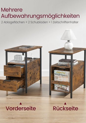 VASAGLE sidebord, m. stikkontakt og 2 skuffer - rustikk brun sponplate og sort stl (60x35)