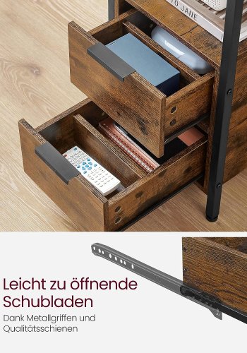 VASAGLE sidebord, m. stikkontakt og 2 skuffer - rustikk brun sponplate og sort stl (60x35)