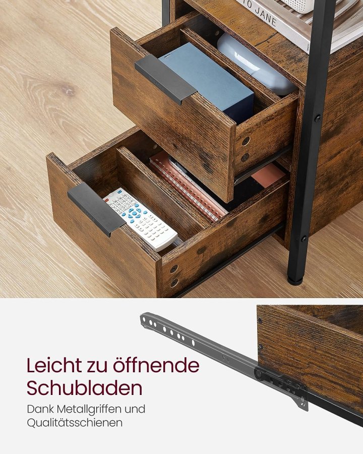 VASAGLE sidebord, m. stikkontakt og 2 skuffer - rustikk brun sponplate og sort stl (60x35)