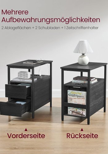 VASAGLE Beistelltisch, mit Netzstecker und 2 Schubladen – anthrazitgraue Spanplatte und schwarzer Stahl (60x35)