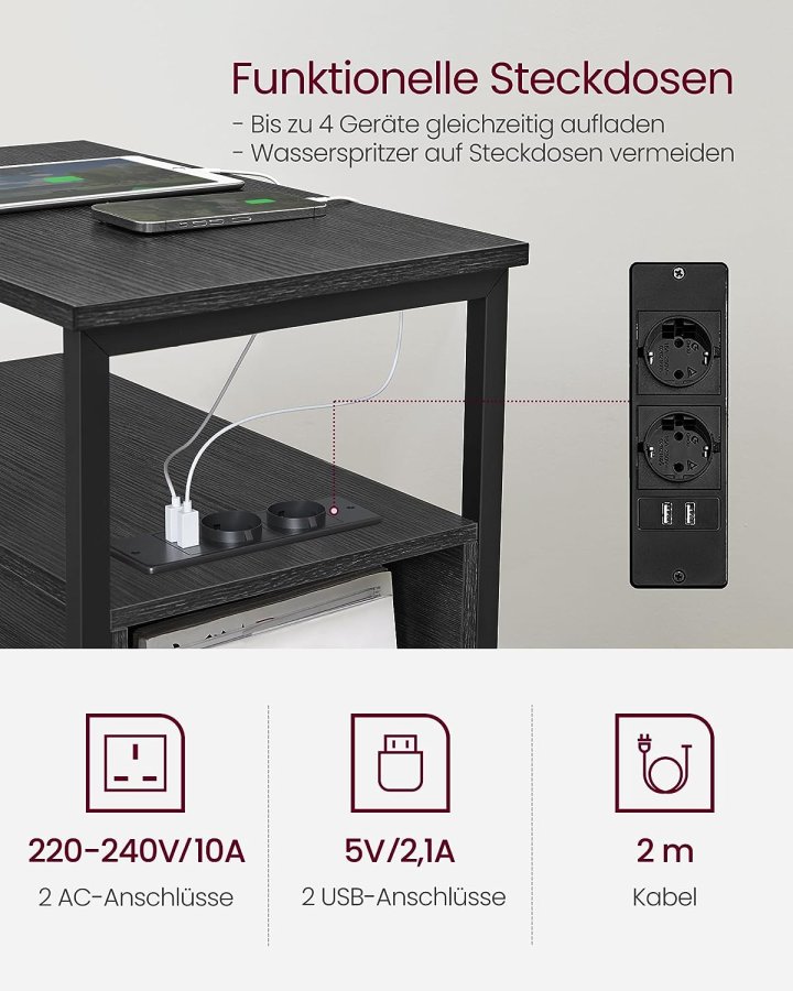 VASAGLE Beistelltisch, mit Netzstecker und 2 Schubladen – anthrazitgraue Spanplatte und schwarzer Stahl (60x35)