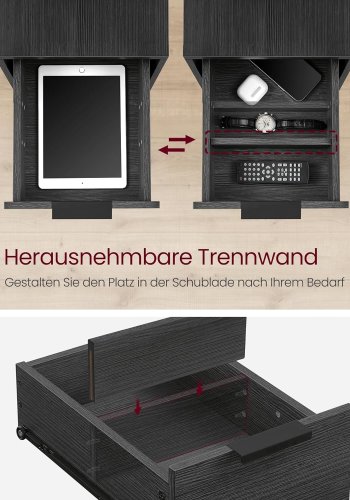 VASAGLE Beistelltisch, mit Netzstecker und 2 Schubladen – anthrazitgraue Spanplatte und schwarzer Stahl (60x35)