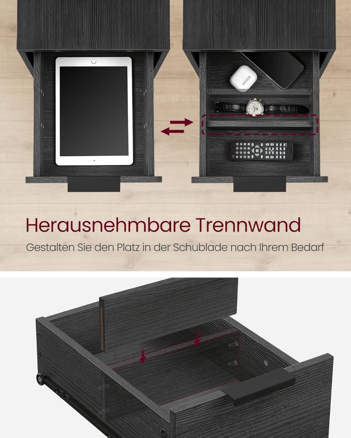 VASAGLE Beistelltisch, mit Netzstecker und 2 Schubladen – anthrazitgraue Spanplatte und schwarzer Stahl (60x35)