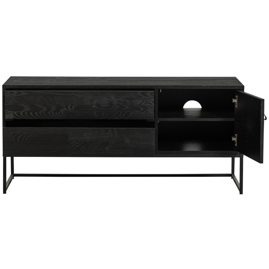 WOOOD Silas TV-bord, m. 1 lge, 1 hylde og 2 skuffer - sort fyrretr og sort metal (120x44)
