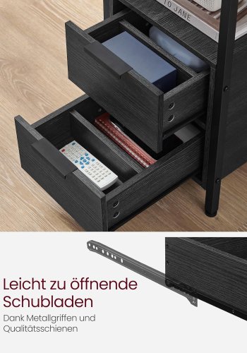 VASAGLE Beistelltisch, mit Netzstecker und 2 Schubladen – anthrazitgraue Spanplatte und schwarzer Stahl (60x35)