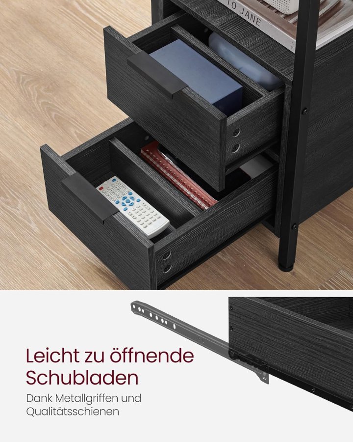 VASAGLE Beistelltisch, mit Netzstecker und 2 Schubladen – anthrazitgraue Spanplatte und schwarzer Stahl (60x35)