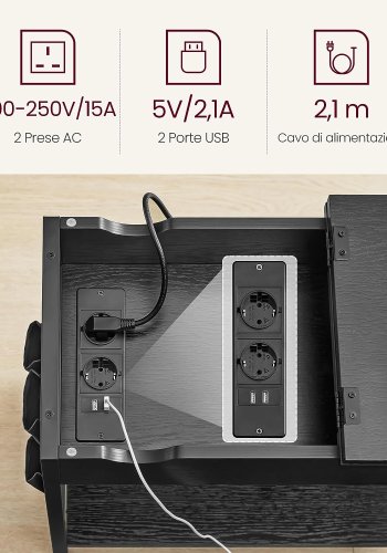 VASAGLE sidebord, m. strmuttak, USB-porter, 1 hylle, oppbevaring - sort sponplate/stl (60x31,5)