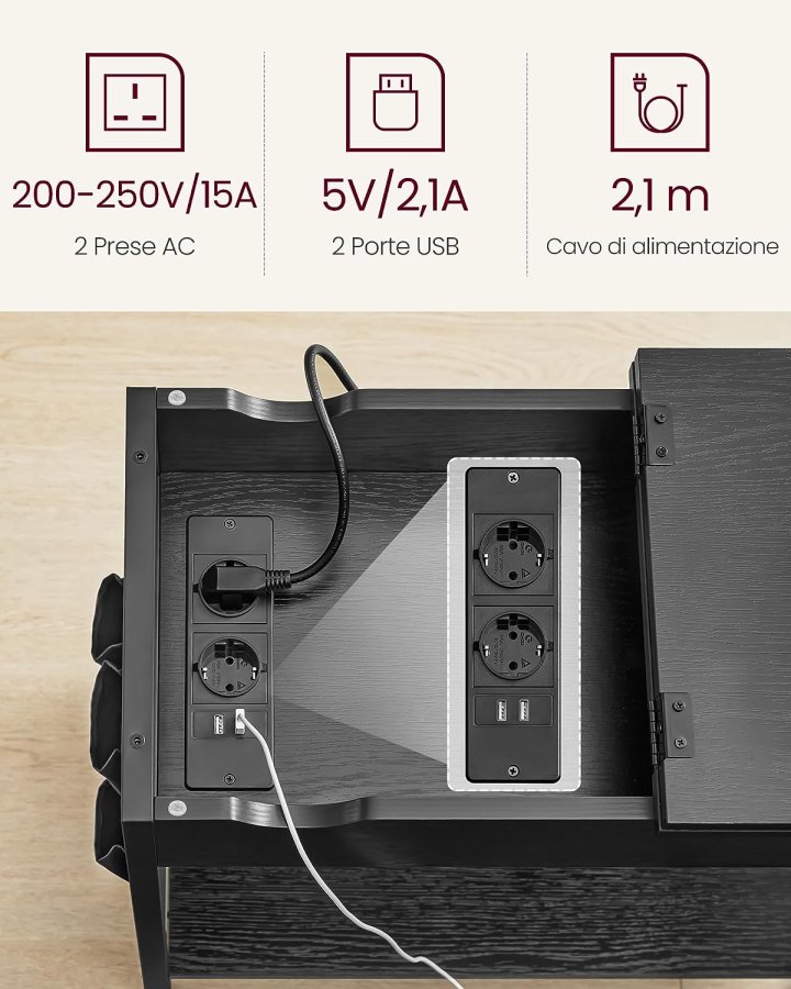 VASAGLE sidebord, m. strmuttak, USB-porter, 1 hylle, oppbevaring - sort sponplate/stl (60x31,5)