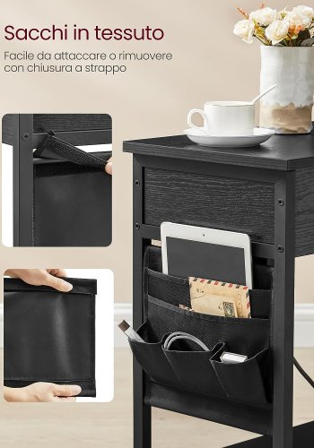 VASAGLE sidebord, m. strmuttak, USB-porter, 1 hylle, oppbevaring - sort sponplate/stl (60x31,5)