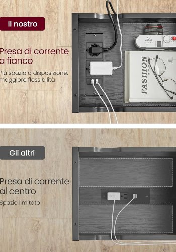 VASAGLE sidebord, m. strmuttak, USB-porter, 1 hylle, oppbevaring - sort sponplate/stl (60x31,5)