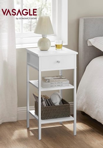 VASAGLE sengebord, m. 2 hylder og 1 skuffe - hvid spnplade og hvid stl (35x35)
