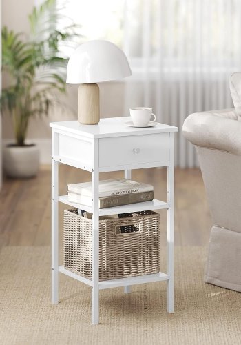 VASAGLE sengebord, m. 2 hylder og 1 skuffe - hvid spnplade og hvid stl (35x35)