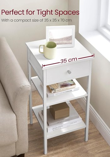 VASAGLE sengebord, m. 2 hylder og 1 skuffe - hvid spnplade og hvid stl (35x35)