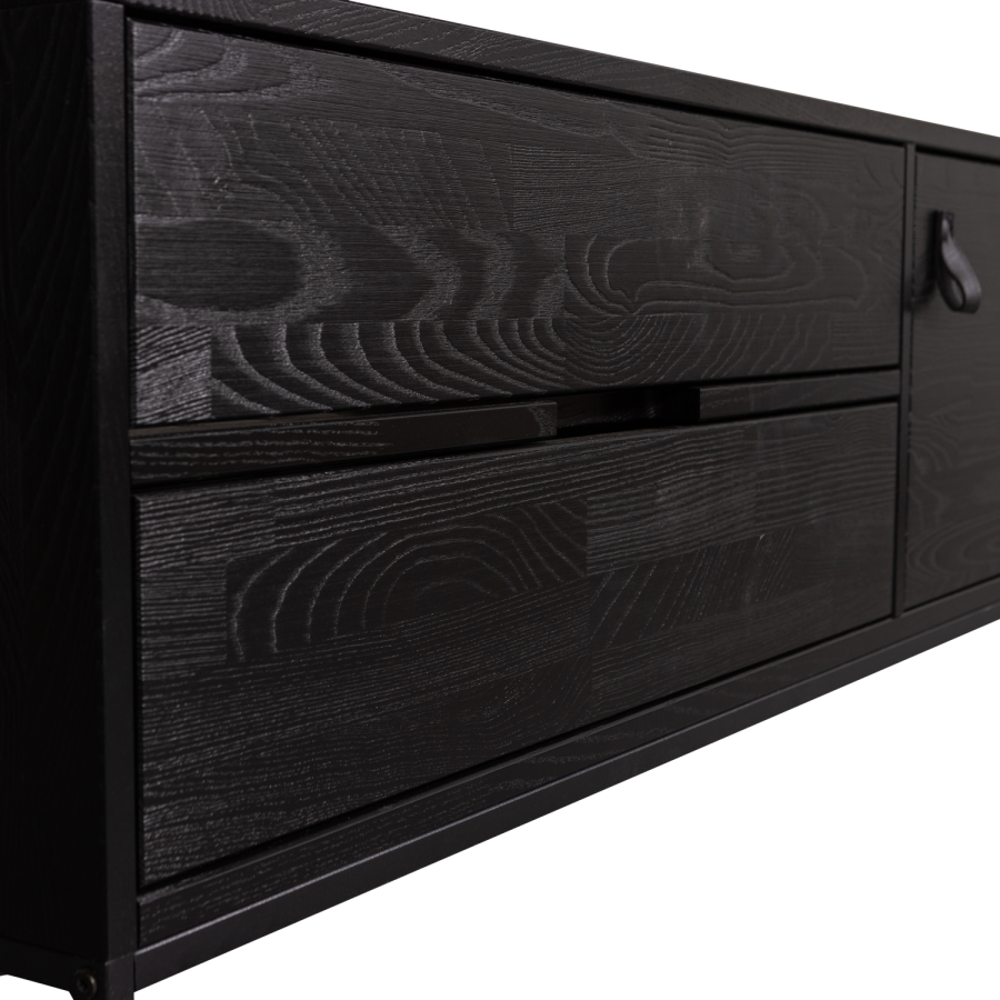 WOOOD Silas TV-bord, m. 1 lge, 1 hylde og 2 skuffer - sort fyrretr og sort metal (120x44)