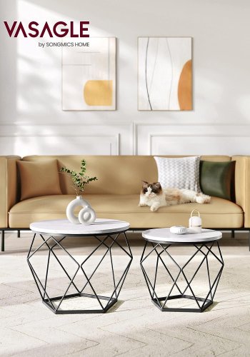 VASAGLE Couchtisch, rund, mit abnehmbarer Tischplatte – weiße Spanplatte und schwarzer Stahl (2er-Set)