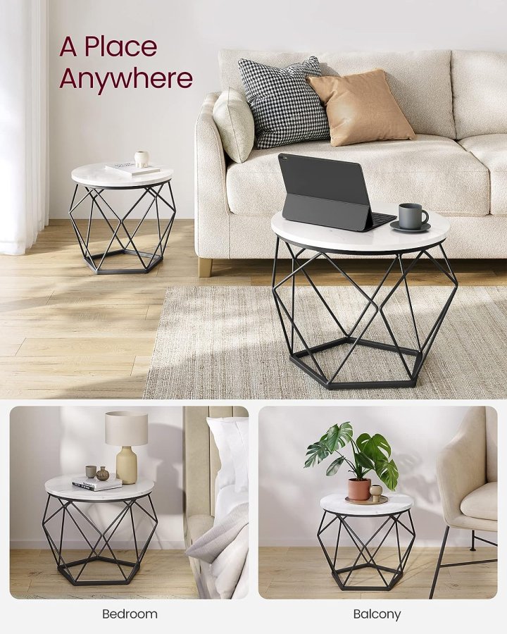 VASAGLE Couchtisch, rund, mit abnehmbarer Tischplatte – weiße Spanplatte und schwarzer Stahl (2er-Set)