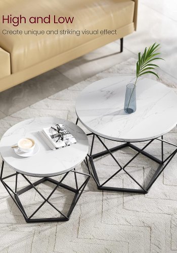 VASAGLE Couchtisch, rund, mit abnehmbarer Tischplatte – weiße Spanplatte und schwarzer Stahl (2er-Set)