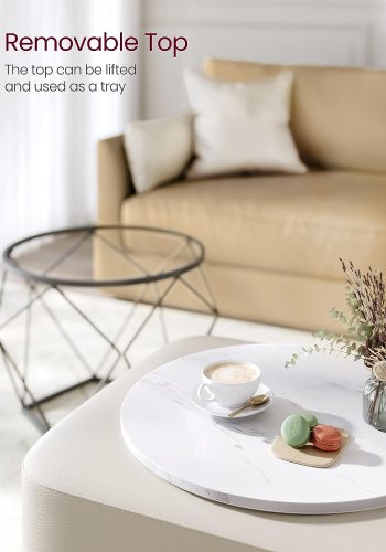 VASAGLE Couchtisch, rund, mit abnehmbarer Tischplatte – weiße Spanplatte und schwarzer Stahl (2er-Set)